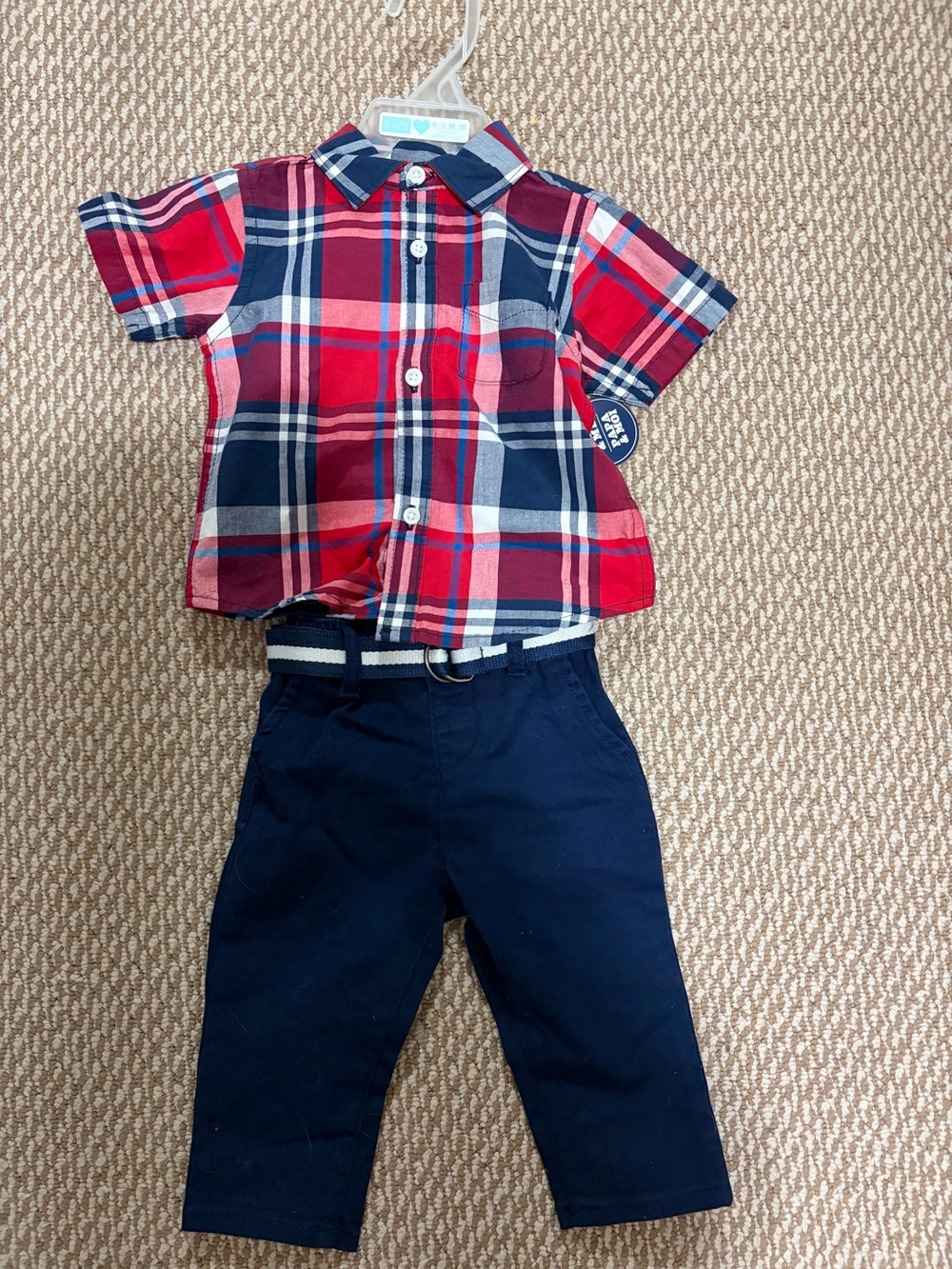 The Children's Place size 6-9M Red & Navy Plaid Short-Sleeve Button-Down Set